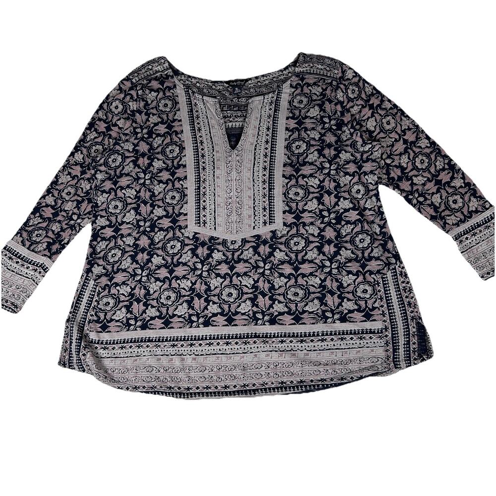 Lucky Brand black/tan border print bohemian long sleeve knit tunic Womens Sz XL
